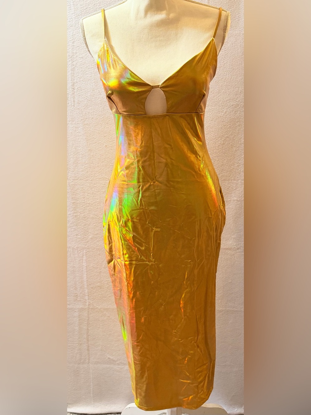 Fashion Nova Gold Holographic Cutout Slip Dress